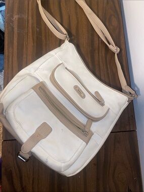White & Tan Crossbody Shoulder Bag with Front Pockets